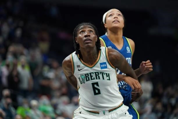Natasha Howard of the New York Liberty fights for position during the game against the Minnesota Lynx on August 31, 2021 at Target Center in...