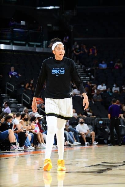 Candace Parker of the Chicago Sky looks on before the game against the Phoenix Mercury on August 31, 2021 at the Footprint Center in Phoenix,...