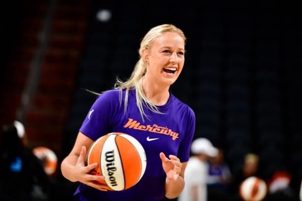 Sophie Cunningham of the Phoenix Mercury smiles before the game against the Chicago Sky on August 31, 2021 at Footprint Center in Phoenix, Arizona....