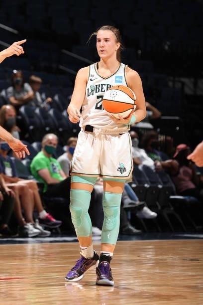 Sabrina Ionescu of the New York Liberty looks on during the game against the Minnesota Lynx on August 31, 2021 at Target Center in Minneapolis,...