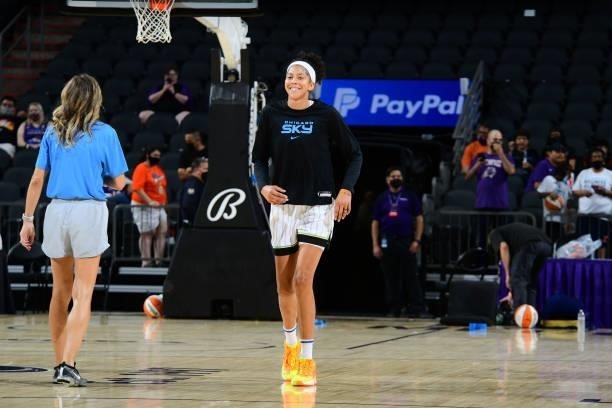 Candace Parker of the Chicago Sky smiles before the game against the Phoenix Mercury on August 31, 2021 at the Footprint Center in Phoenix, Arizona....