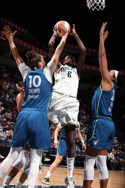Natasha Howard of the New York Liberty shoots the ball during the game against the Minnesota Lynx on August 31, 2021 at Target Center in Minneapolis,...