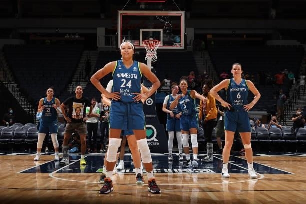 Napheesa Collier of the Minnesota Lynx and teammates look on after the game against the New York Liberty on August 31, 2021 at Target Center in...