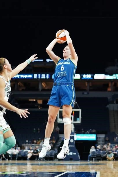 Bridget Carleton of the Minnesota Lynx shoots the ball during the game against the New York Liberty on August 31, 2021 at Target Center in...
