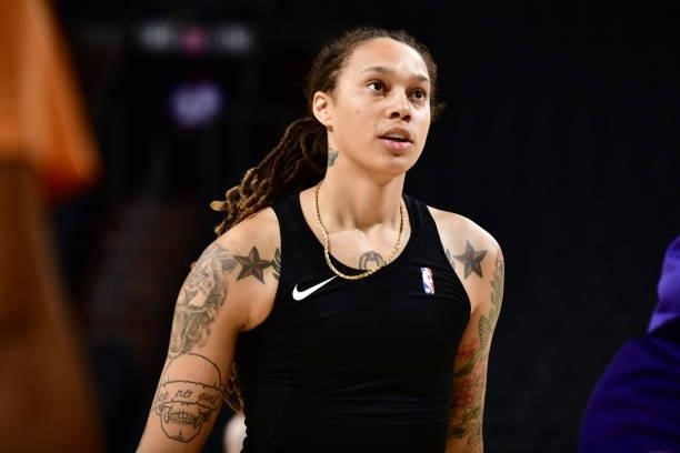Brittney Griner of the Phoenix Mercury looks on before the game against the Chicago Sky on August 31, 2021 at Footprint Center in Phoenix, Arizona....