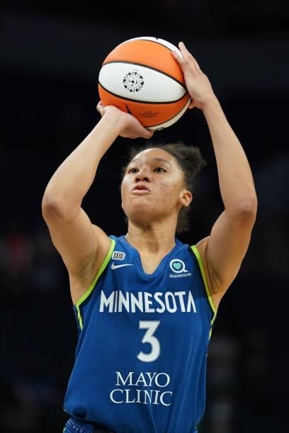Aerial Powers of the Minnesota Lynx shoots a free throw during the game against the New York Liberty on August 31, 2021 at Target Center in...