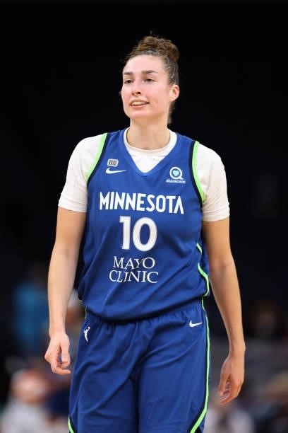 Jessica Shepard of the Minnesota Lynx smiles during the game against the New York Liberty on August 31, 2021 at Target Center in Minneapolis,...