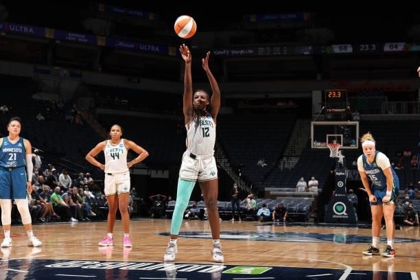 Michaela Onyenwere of the New York Liberty shoots a free-throw during the game against the Minnesota Lynx on August 31, 2021 at Target Center in...