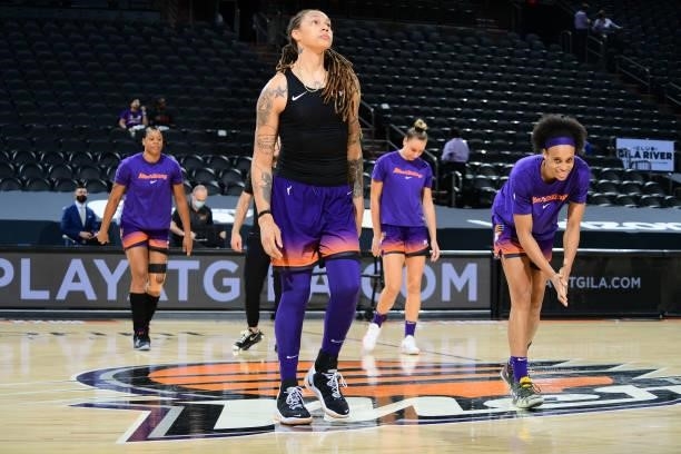 Brittney Griner of the Phoenix Mercury looks on before the game against the Chicago Sky on August 31, 2021 at the Footprint Center in Phoenix,...