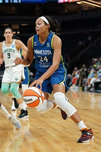 Napheesa Collier of the Minnesota Lynx drives to the basket during the game against the New York Liberty on August 31, 2021 at Target Center in...