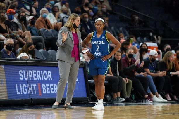 Head Coach Cheryl Reeve of the Minnesota Lynx talks with Crystal Dangerfield during the game against the New York Liberty on August 31, 2021 at...