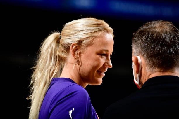 Sophie Cunningham of the Phoenix Mercury smiles before the game against the Chicago Sky on August 31, 2021 at Footprint Center in Phoenix, Arizona....
