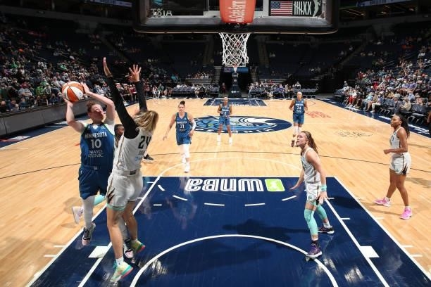 Jessica Shepard of the Minnesota Lynx shoots the ball during the game against the New York Liberty on August 31, 2021 at Target Center in...