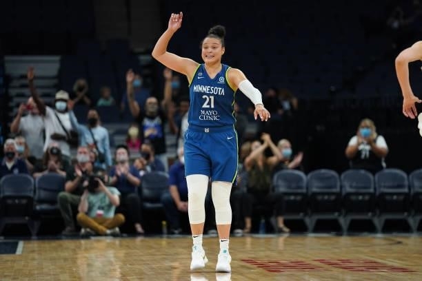 Kayla McBride of the Minnesota Lynx celebrates during the game against the New York Liberty on August 31, 2021 at Target Center in Minneapolis,...