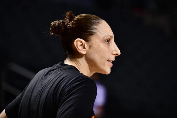Diana Taurasi of the Phoenix Mercury looks on before the game against the Chicago Sky on August 31, 2021 at Footprint Center in Phoenix, Arizona....