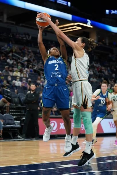 Rebecca Allen of the New York Liberty blocks the ball during the game against the Minnesota Lynx on August 31, 2021 at Target Center in Minneapolis,...