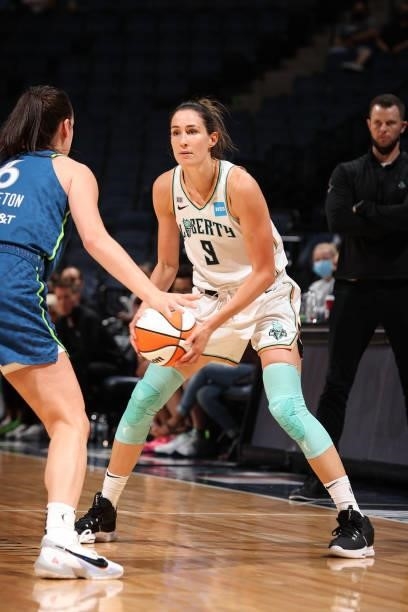 Rebecca Allen of the New York Liberty handles the ball during the game against the Minnesota Lynx on August 31, 2021 at Target Center in Minneapolis,...