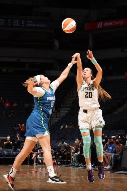 Sabrina Ionescu of the New York Liberty shoots a three-point basket during the game against the Minnesota Lynx on August 31, 2021 at Target Center in...