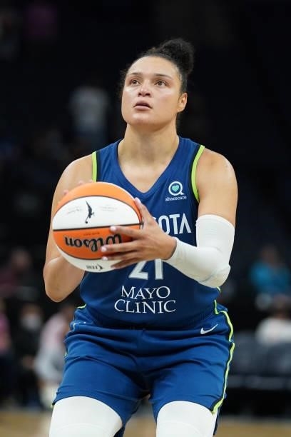 Kayla McBride of the Minnesota Lynx shoots a free throw during the game against the New York Liberty on August 31, 2021 at Target Center in...