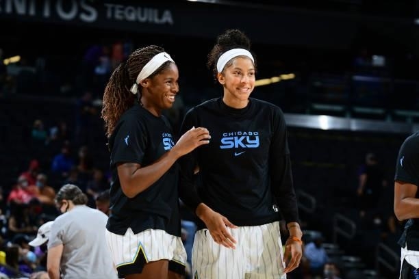 Ruthy Hebard and Candace Parker of the Chicago Sky smile before the game against the Phoenix Mercury on August 31, 2021 at the Footprint Center in...