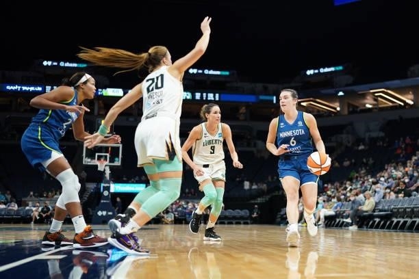 Bridget Carleton of the Minnesota Lynx dribbles the ball during the game against the New York Liberty on August 31, 2021 at Target Center in...