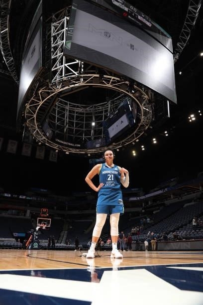 Kayla McBride of the Minnesota Lynx is interviewed after the game against the New York Liberty on August 31, 2021 at Target Center in Minneapolis,...