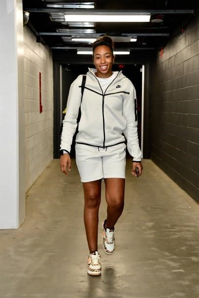 Megan Walker of the Phoenix Mercury arrives to the game against the Chicago Sky on August 31, 2021 at Footprint Center in Phoenix, Arizona. NOTE TO...