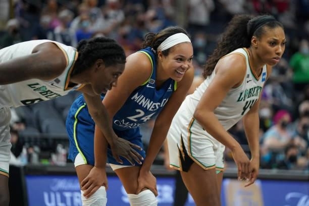 Napheesa Collier of the Minnesota Lynx smiles during the game against the New York Liberty on August 31, 2021 at Target Center in Minneapolis,...