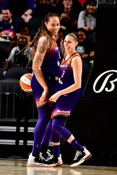 Brittney Griner and Diana Taurasi of the Phoenix Mercury smile during the game against the Chicago Sky on August 31, 2021 at Footprint Center in...