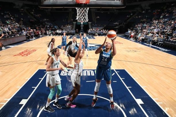 Napheesa Collier of the Minnesota Lynx shoots the ball during the game against the New York Liberty on August 31, 2021 at Target Center in...
