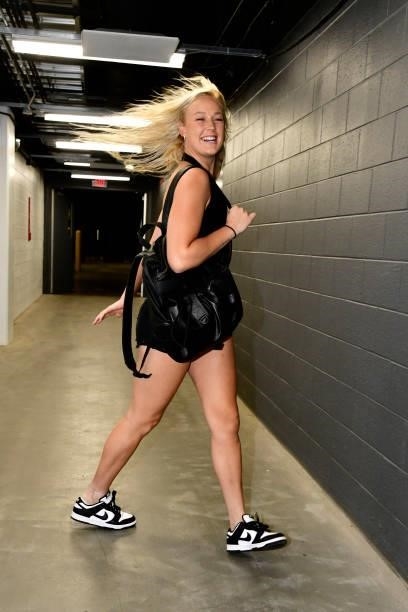Sophie Cunningham of the Phoenix Mercury arrives to the game against the Chicago Sky on August 31, 2021 at Footprint Center in Phoenix, Arizona. NOTE...