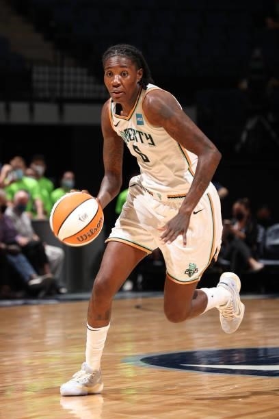 Natasha Howard of the New York Liberty drives to the basket during the game against the Minnesota Lynx on August 31, 2021 at Target Center in...