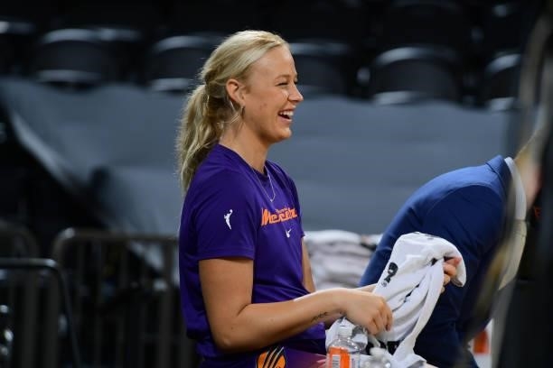 Sophie Cunningham of the Phoenix Mercury smiles before the game against the Chicago Sky on August 31, 2021 at the Footprint Center in Phoenix,...