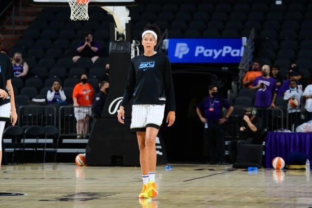 Candace Parker of the Chicago Sky looks on before the game against the Phoenix Mercury on August 31, 2021 at the Footprint Center in Phoenix,...