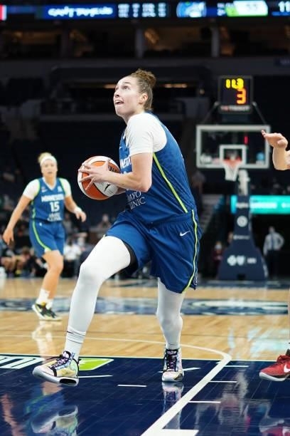 Jessica Shepard of the Minnesota Lynx drives to the basket during the game against the New York Liberty on August 31, 2021 at Target Center in...