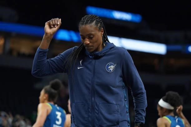 Sylvia Fowles of the Minnesota Lynx celebrates after the game against the New York Liberty on August 31, 2021 at Target Center in Minneapolis,...