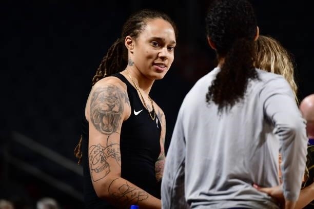 Brittney Griner of the Phoenix Mercury smiles before the game against the Chicago Sky on August 31, 2021 at Footprint Center in Phoenix, Arizona....