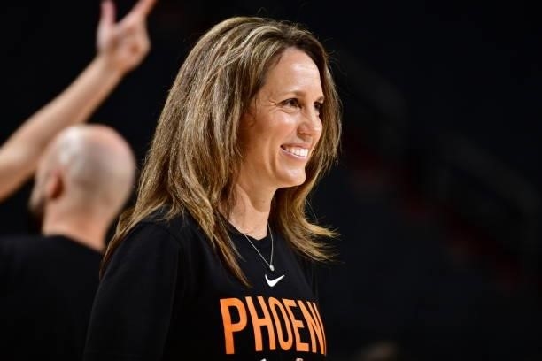 Assistant Coach, Julie Hairgrove of the Phoenix Mercury smiles before the game against the Chicago Sky on August 31, 2021 at Footprint Center in...
