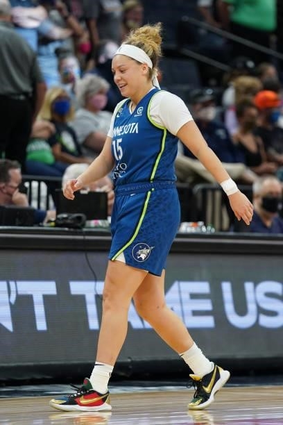 Rachel Banham of the Minnesota Lynx smiles during the game against the New York Liberty on August 31, 2021 at Target Center in Minneapolis,...