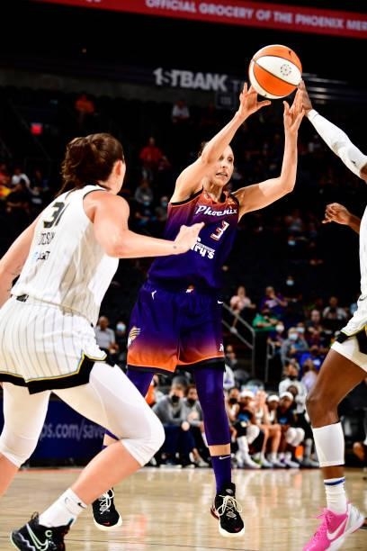Diana Taurasi of the Phoenix Mercury passes the ball against the Chicago Sky on August 31, 2021 at Footprint Center in Phoenix, Arizona. NOTE TO...