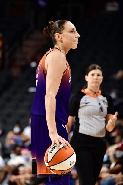 Diana Taurasi of the Phoenix Mercury looks on during the game against the Chicago Sky on August 31, 2021 at Footprint Center in Phoenix, Arizona....