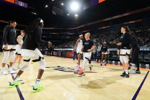 Courtney Vandersloot of the Chicago Sky enters the court before the game against the Phoenix Mercury on August 31, 2021 at the Footprint Center in...