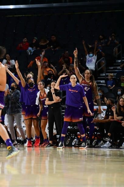 The Phoenix Mercury celebrate during the game against the Chicago Sky on August 31, 2021 at the Footprint Center in Phoenix, Arizona. NOTE TO USER:...