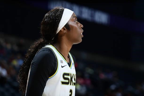 Close-up of Kahleah Copper of the Chicago Sky during the game against the Phoenix Mercury on August 31, 2021 at the Footprint Center in Phoenix,...