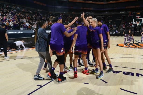 The Phoenix Mercury huddle up before the game against the Chicago Sky on August 31, 2021 at the Footprint Center in Phoenix, Arizona. NOTE TO USER:...