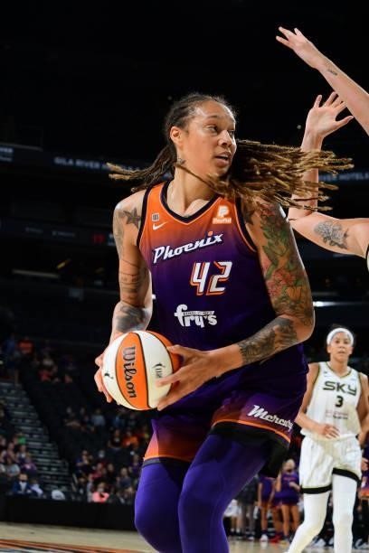 Brittney Griner of the Phoenix Mercury handles the ball during the game against the Chicago Sky on August 31, 2021 at the Footprint Center in...