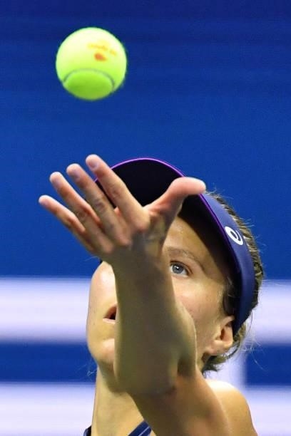 Switzerland's Viktorija Golubic serves to Canada's Bianca Andreescu during their 2021 US Open Tennis tournament women's singles first round match at...