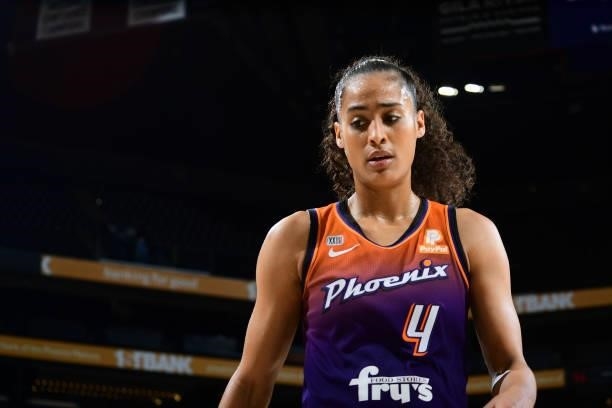 Skylar Diggins-Smith of the Phoenix Mercury looks on during the game against the Chicago Sky on August 31, 2021 at the Footprint Center in Phoenix,...