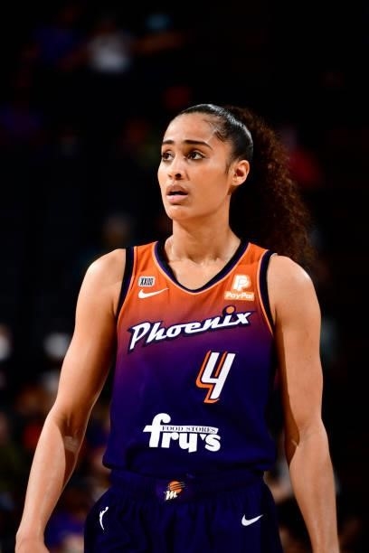 Skylar Diggins-Smith of the Phoenix Mercury looks on during the game against the Chicago Sky on August 31, 2021 at Footprint Center in Phoenix,...