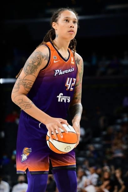 Brittney Griner of the Phoenix Mercury shoots a free throw against the Chicago Sky on August 31, 2021 at the Footprint Center in Phoenix, Arizona....